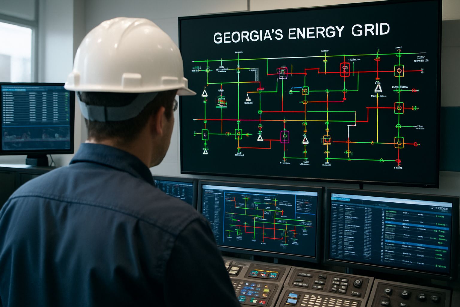 Engineer monitors Georgia's Energy Grid in a high-tech control room