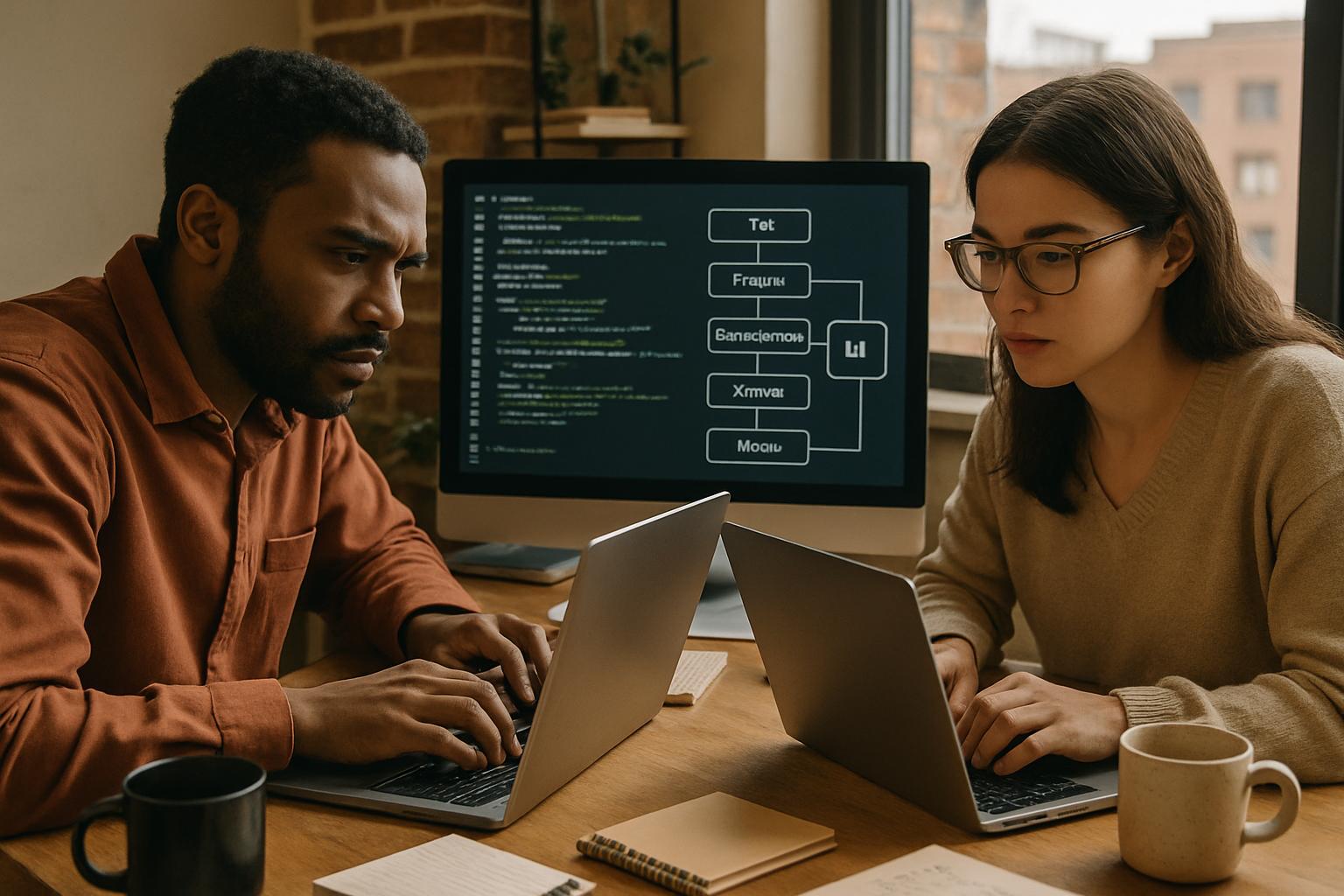 Startup Talent employees coding AI workflows in a realistic office environment.
