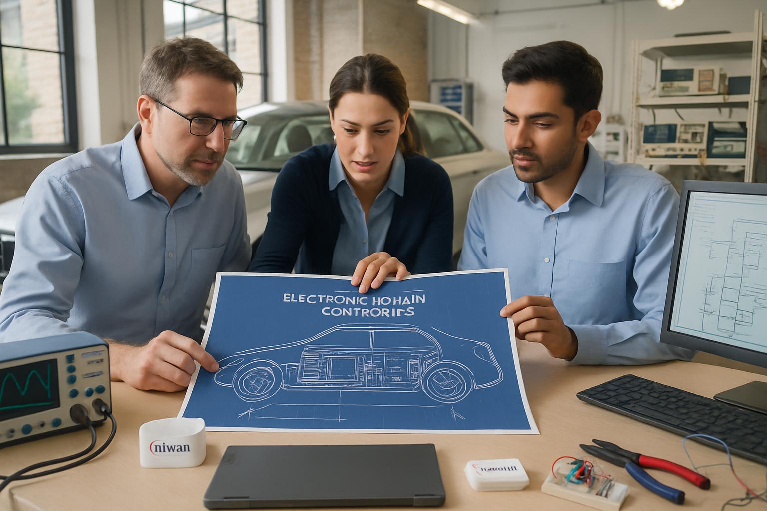 Automotive Integration engineers collaborate on domain controller design at innovation lab.