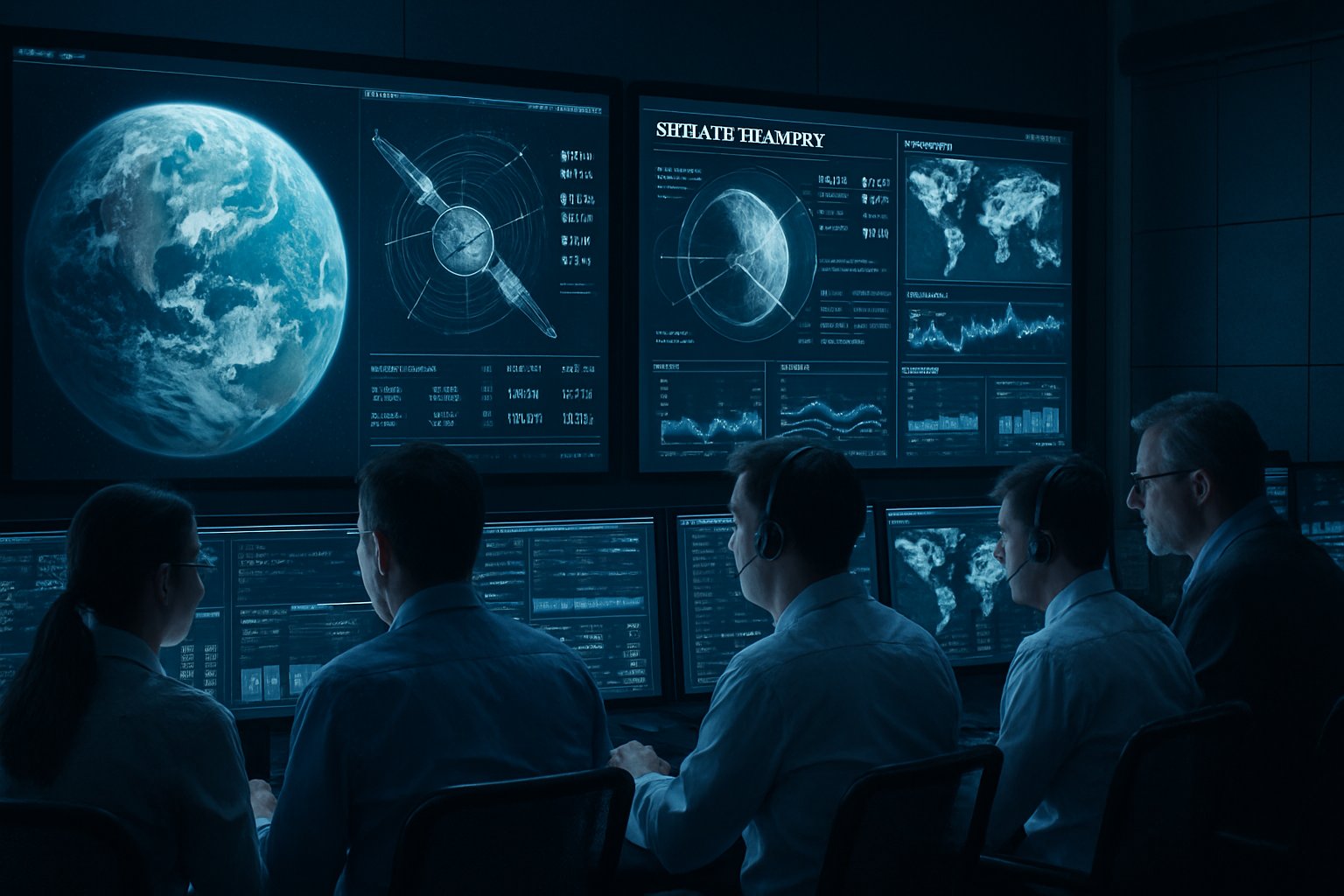 Engineers reviewing Genesis-1 cloud validation telemetry on control room monitors.