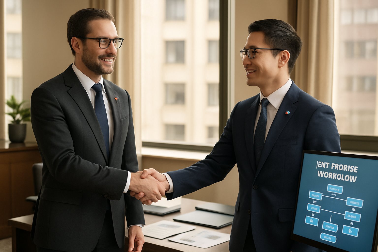 Technology partners formalizing an Enterprise Adoption workflow partnership handshake.