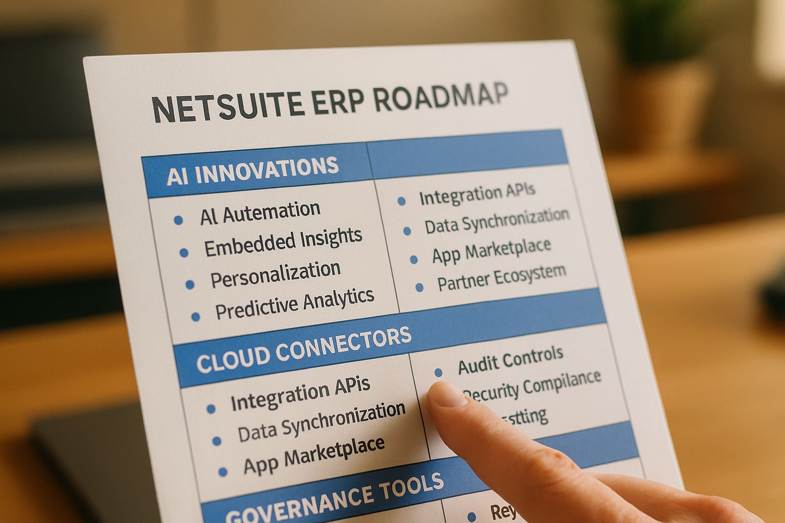 Closeup of NetSuite ERP roadmap document outlining cloud and AI advances.