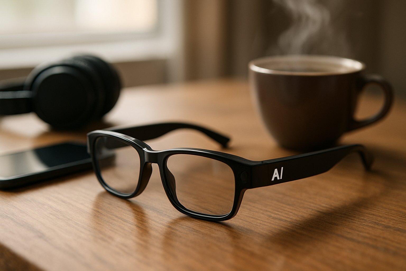 Close-up of AI Smart Glasses on a table with everyday tech and coffee.