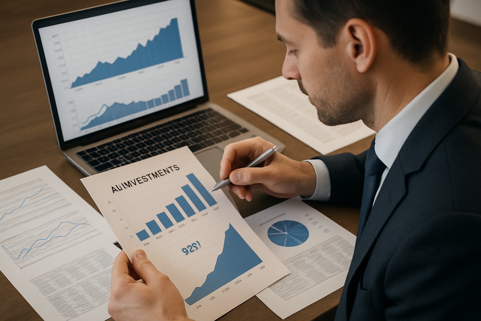 Banker reviews AI infrastructure debt charts and reports at conference table.