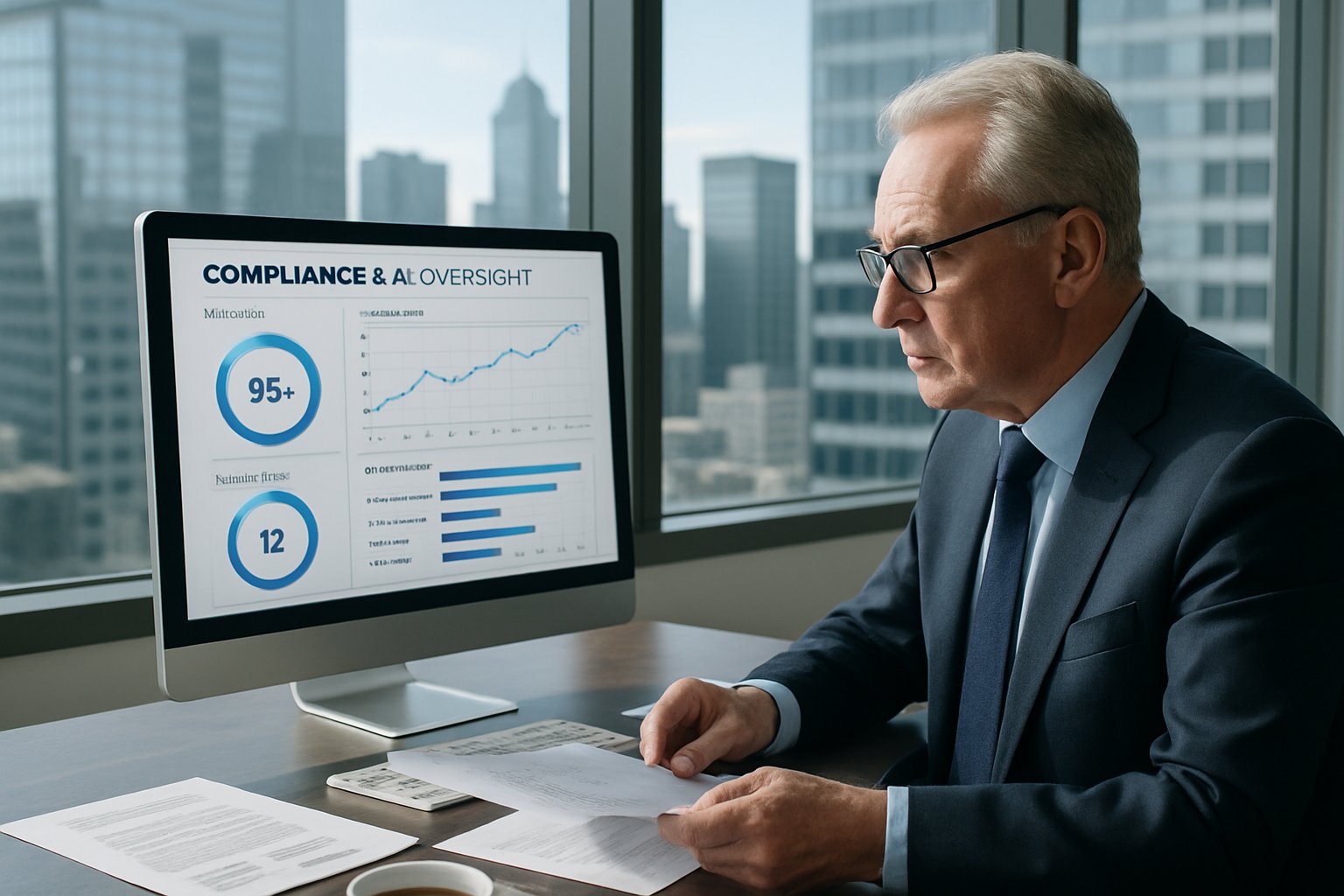 Corporate Governance executive reviews AI oversight and compliance metrics in office.