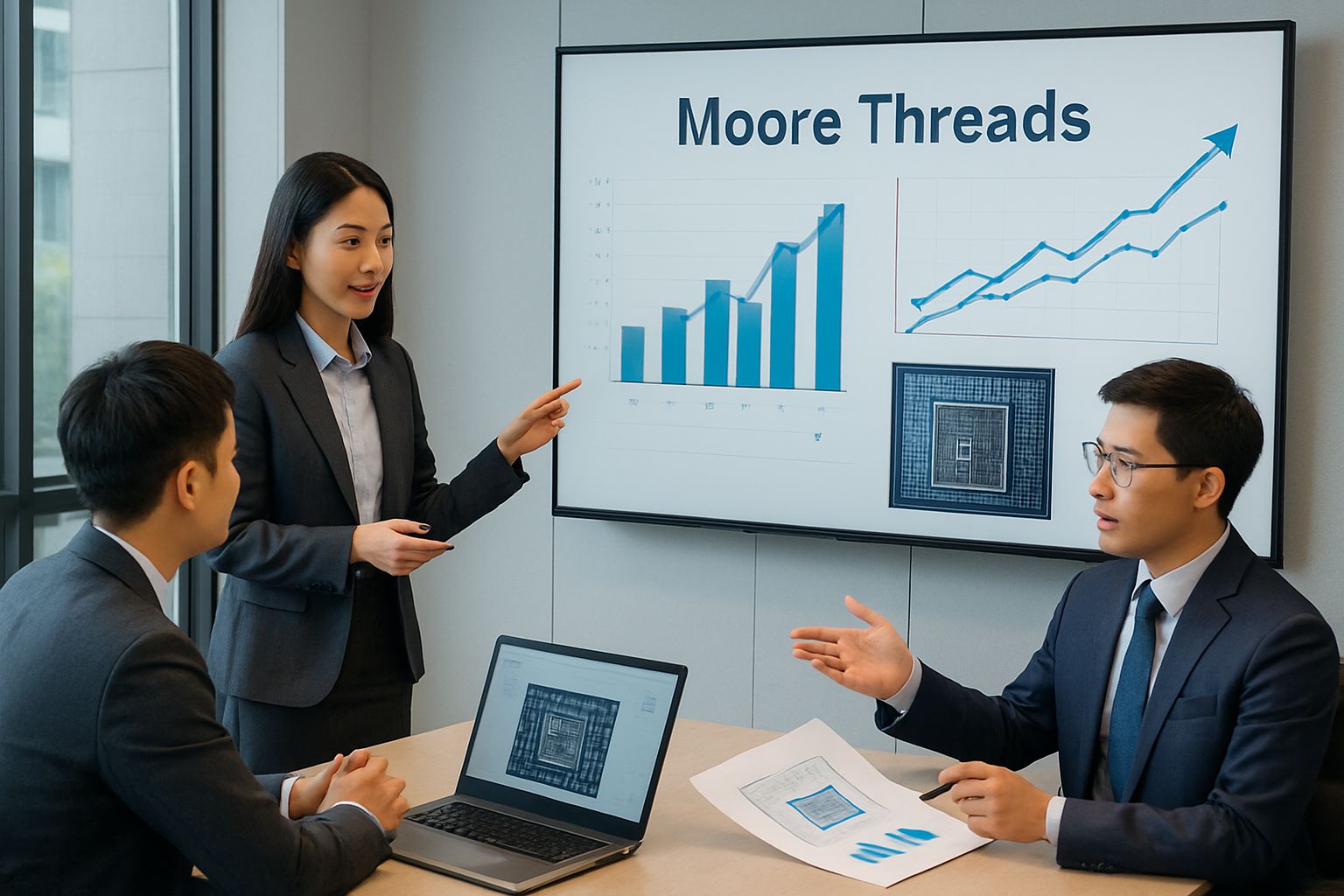 Moore Threads executives reviewing chip and IPO data in modern Shanghai office.