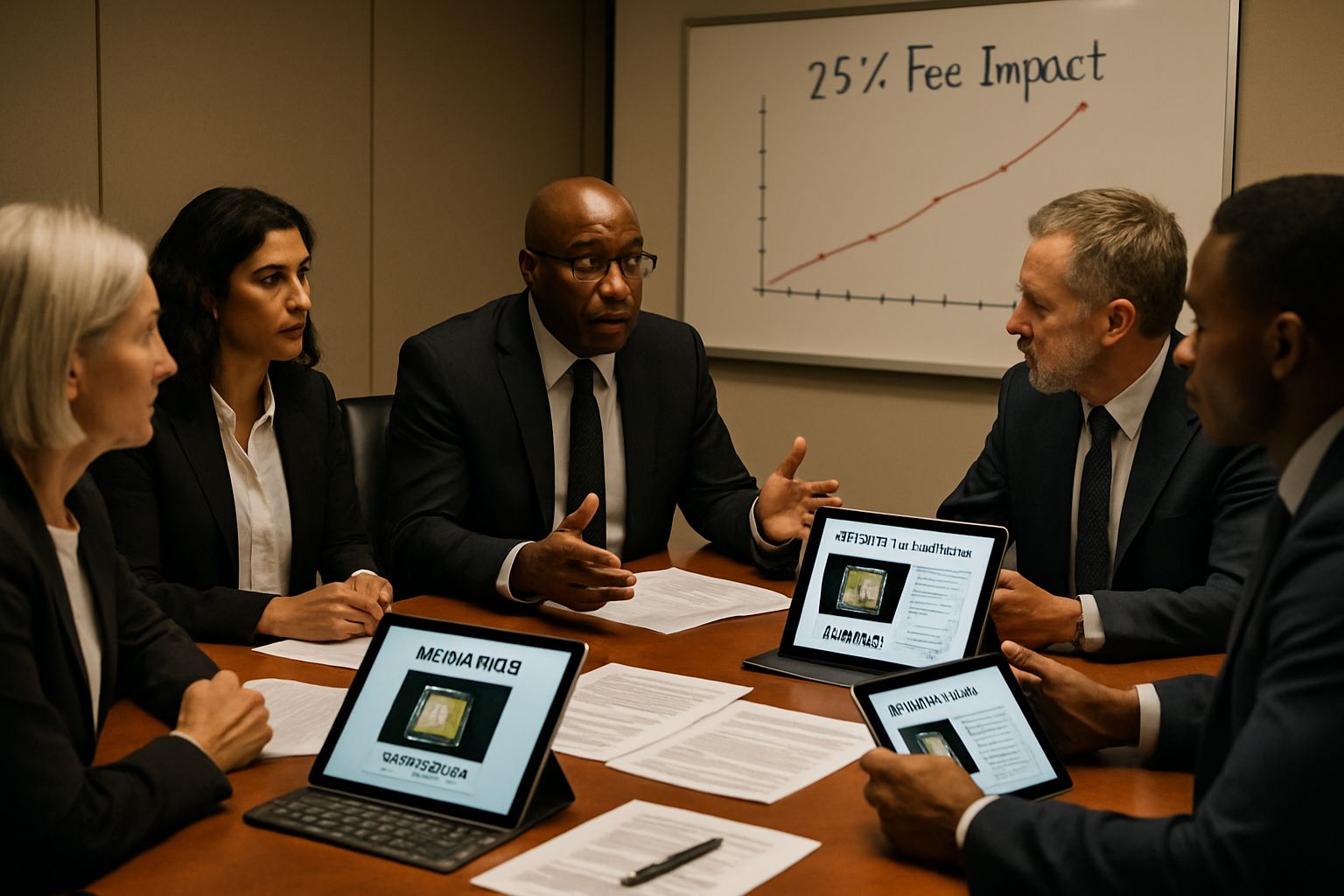 Executives meeting about Nvidia China H200 export fee strategies.