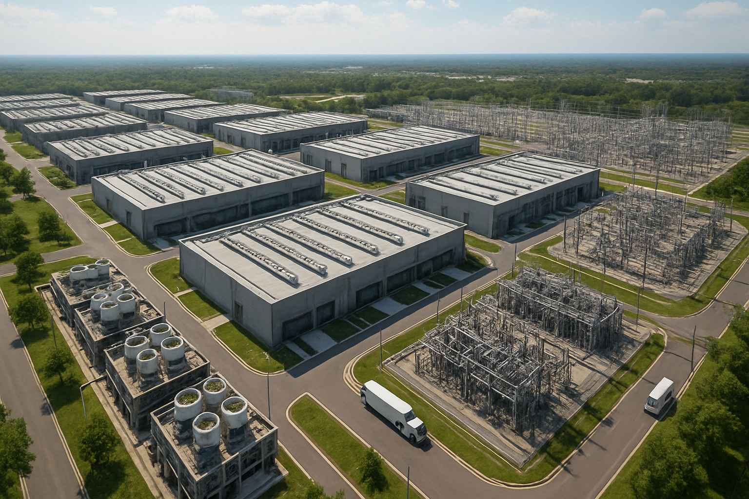 Infrastructure Partnership AI data center campus with substations and cooling infrastructure.