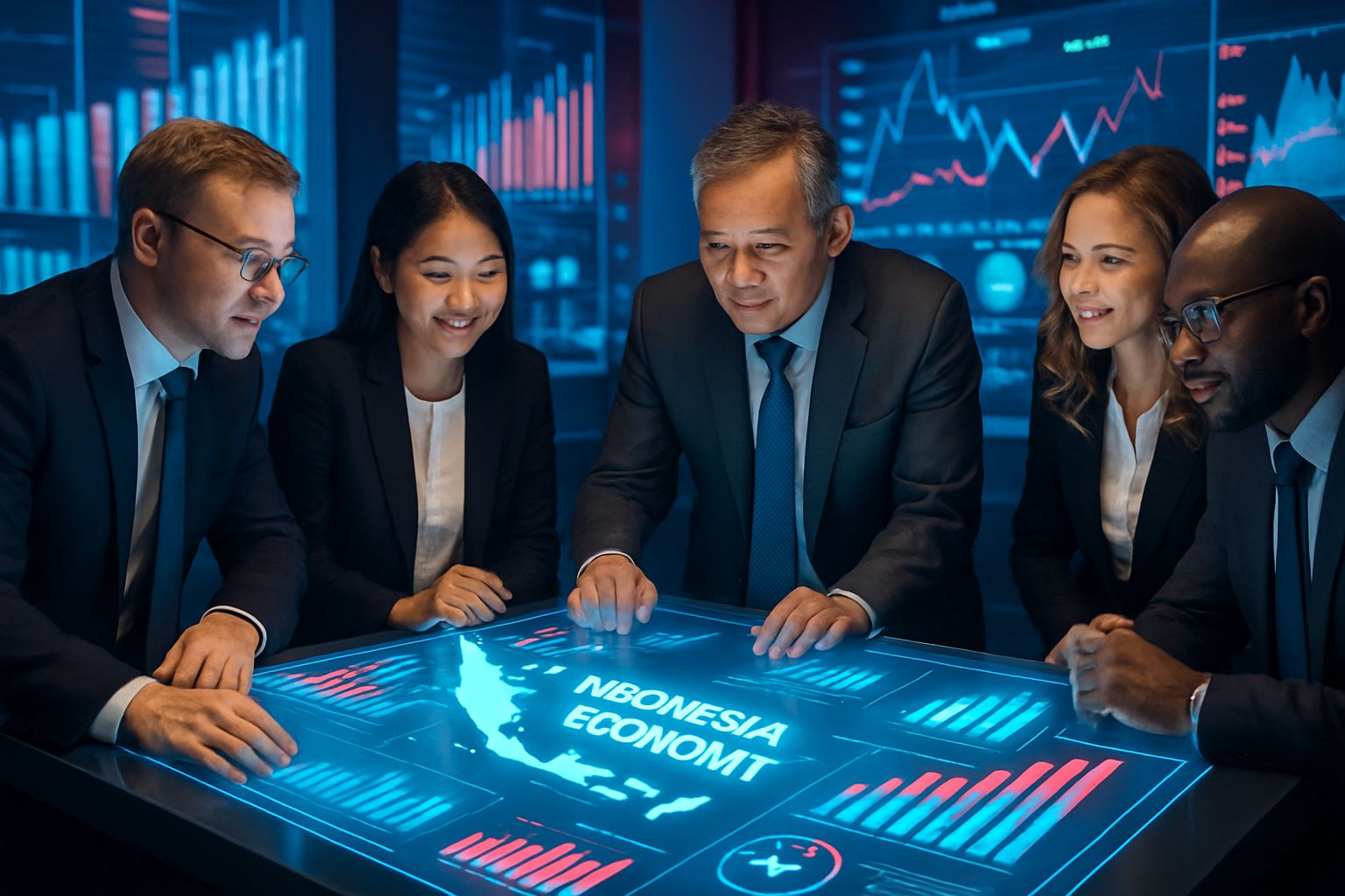 Professionals analyzing AI Economic Outlook data and projections in Indonesian context.