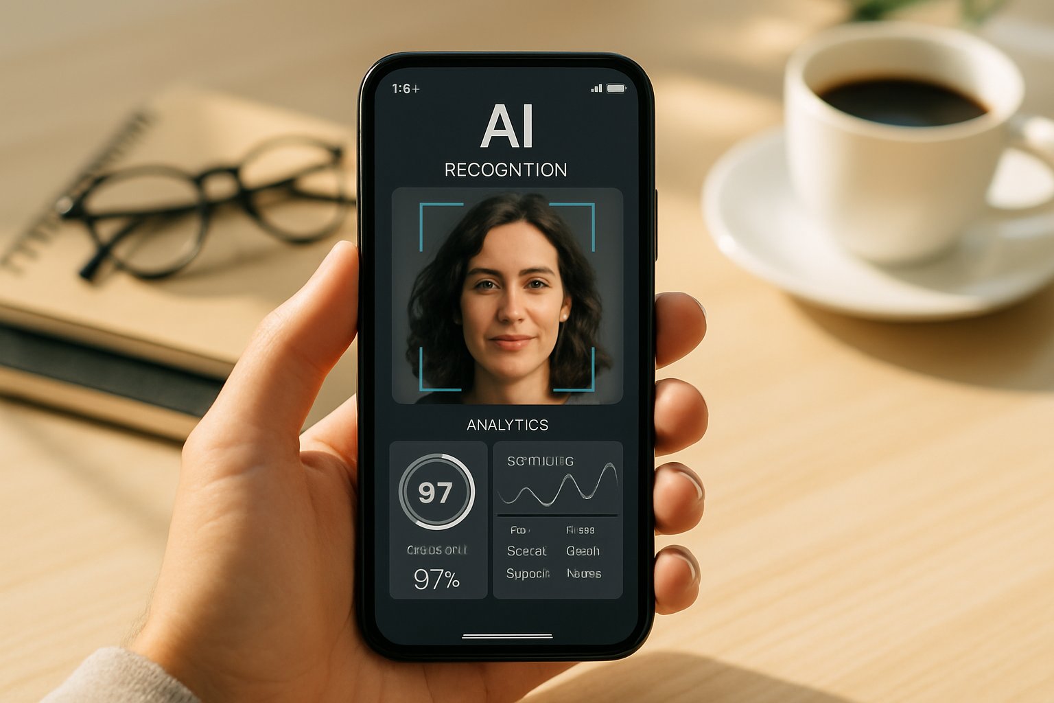 Smartphone with AI Recognition app being used in a professional workspace.