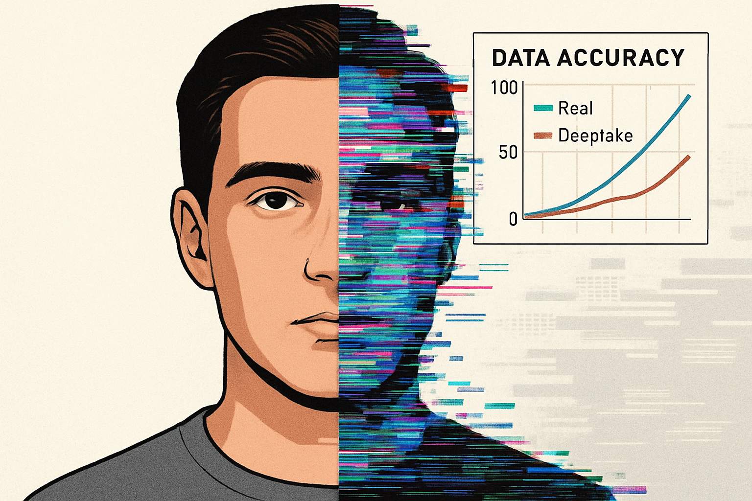 Deepfake Detection visual showing split face and digital glitch effects.