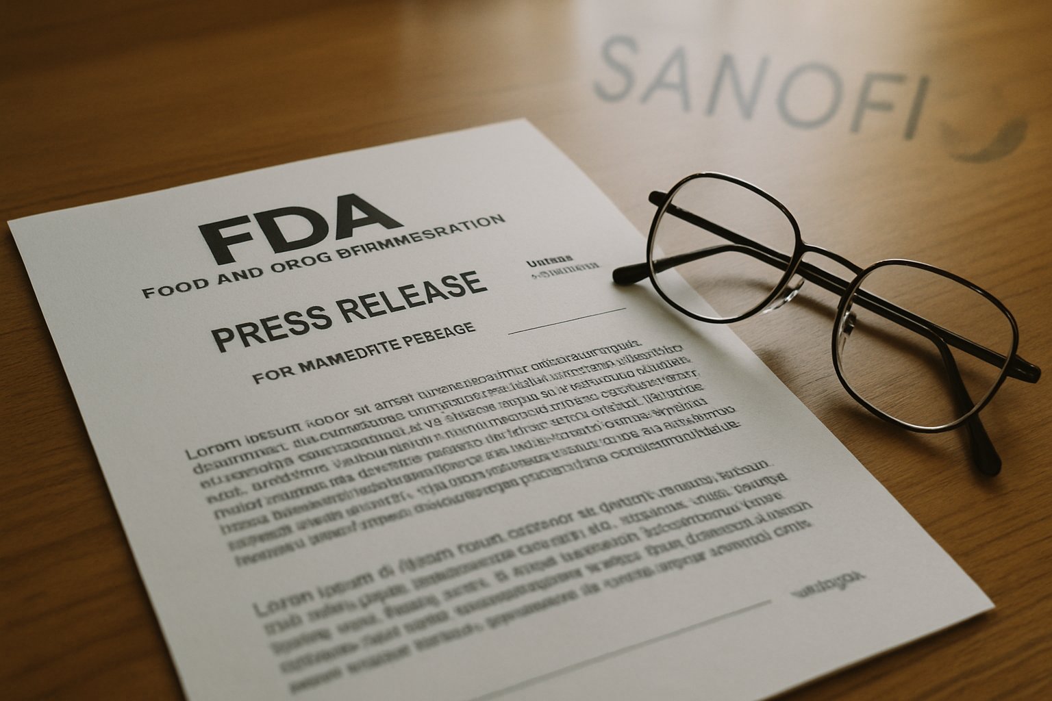 Sanofi FDA Update press release with glasses on wooden desk