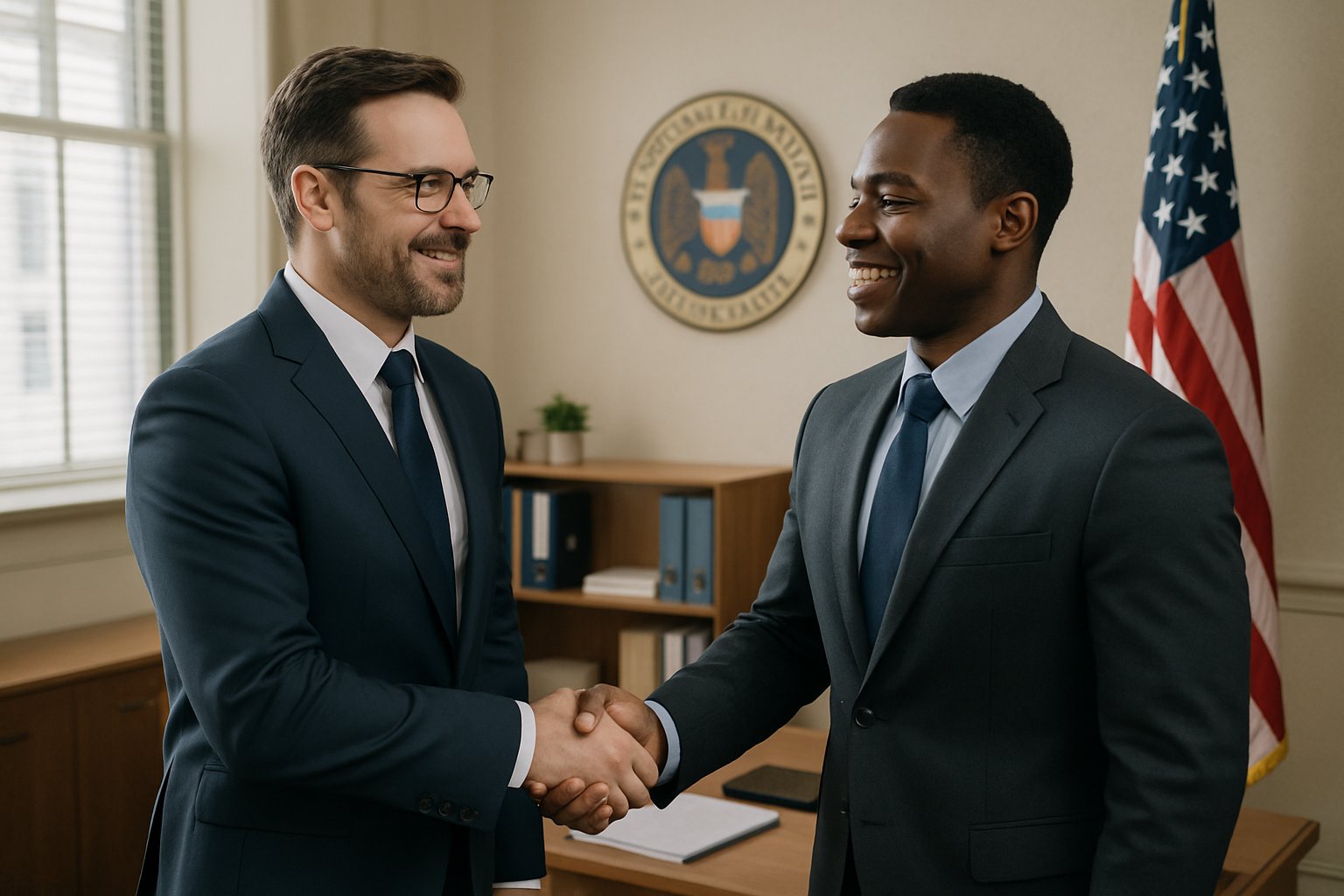 Federal Talent recruiter welcoming new hire in a realistic government office.