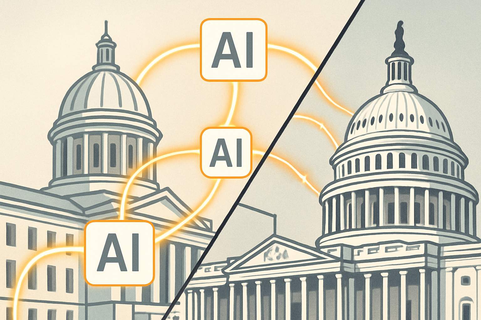 State capitols and US Congress linked by AI icons in legislative action.