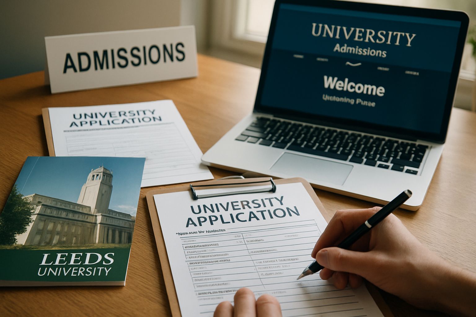 Realistic Leeds AI admissions application paperwork on a university desk