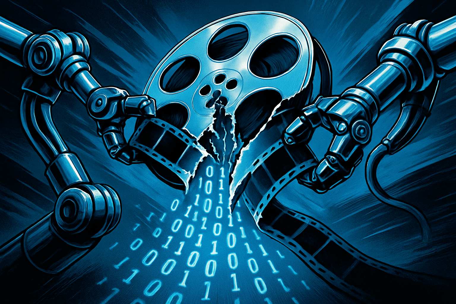 Futuristic film reel and robots depicting Entertainment Industry Disruption.