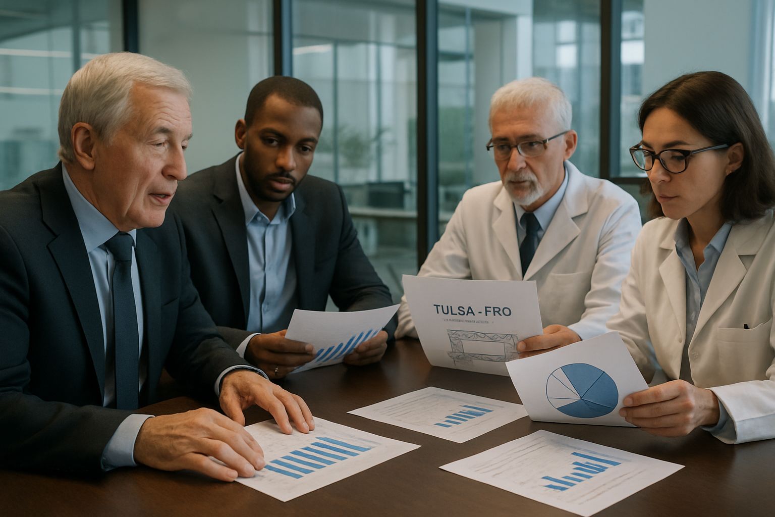 Executives reviewing AI medical placement financial reports and device plans