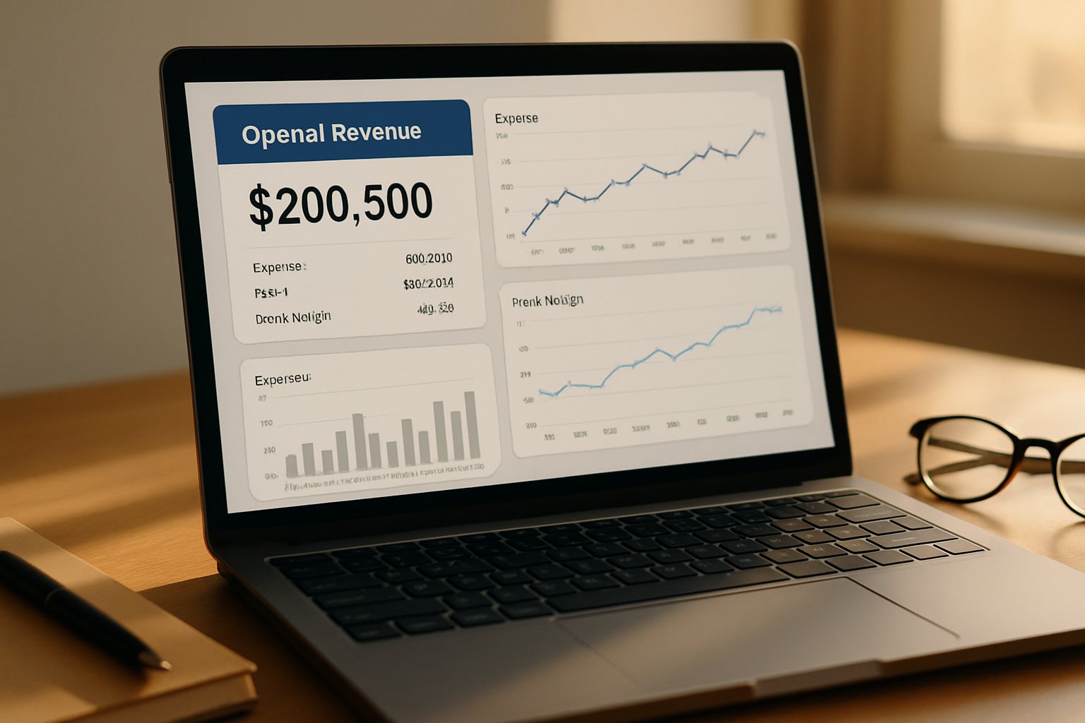 Laptop on desk showing OpenAI Revenue financial dashboard.