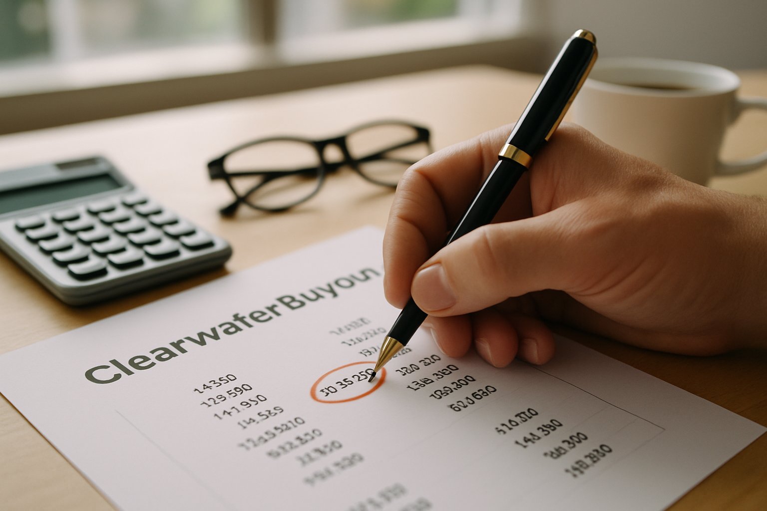 Clearwater Buyout financial reports analyzed on a modern office desk.