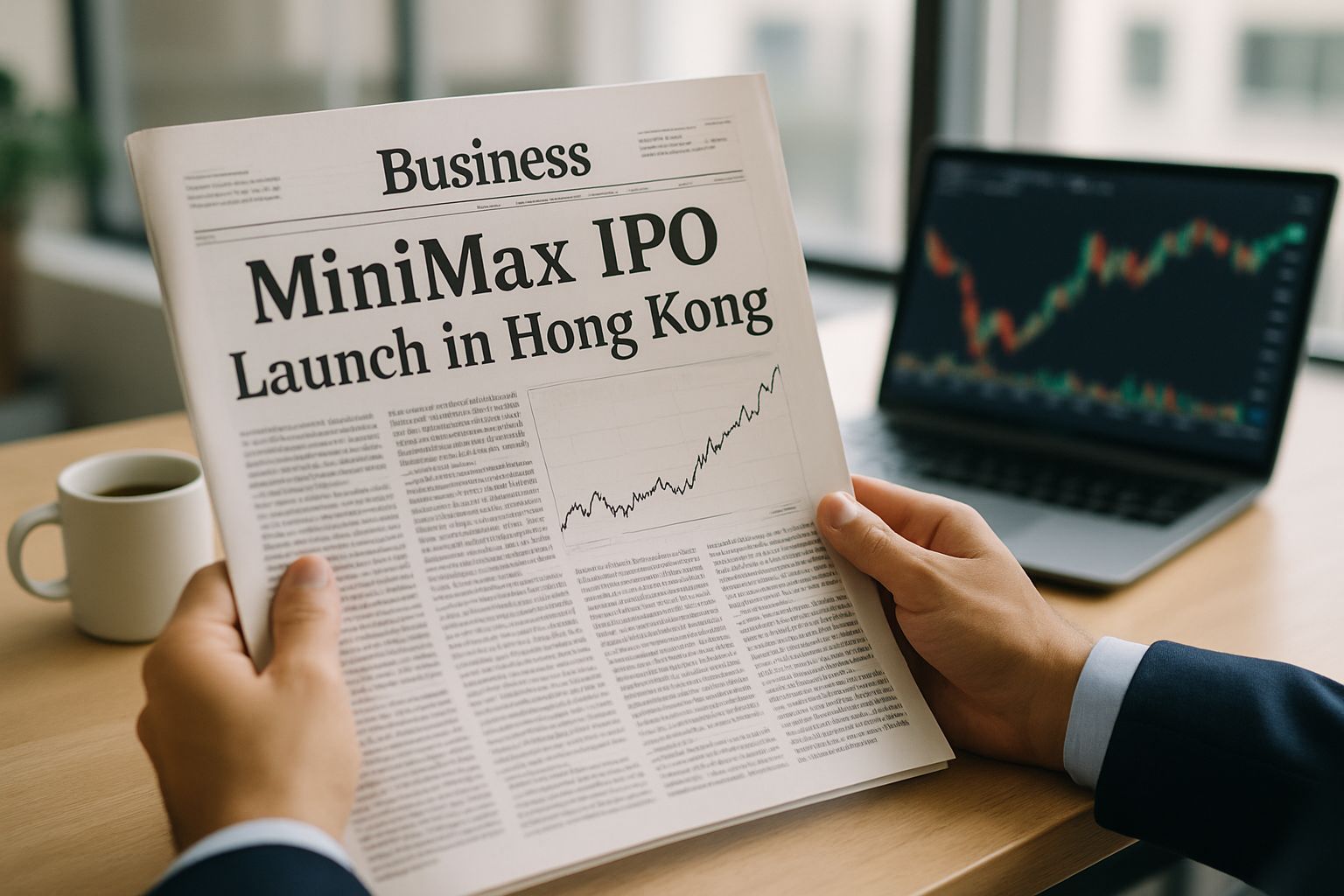 Investor reading financial news on MiniMax IPO launch in Hong Kong.