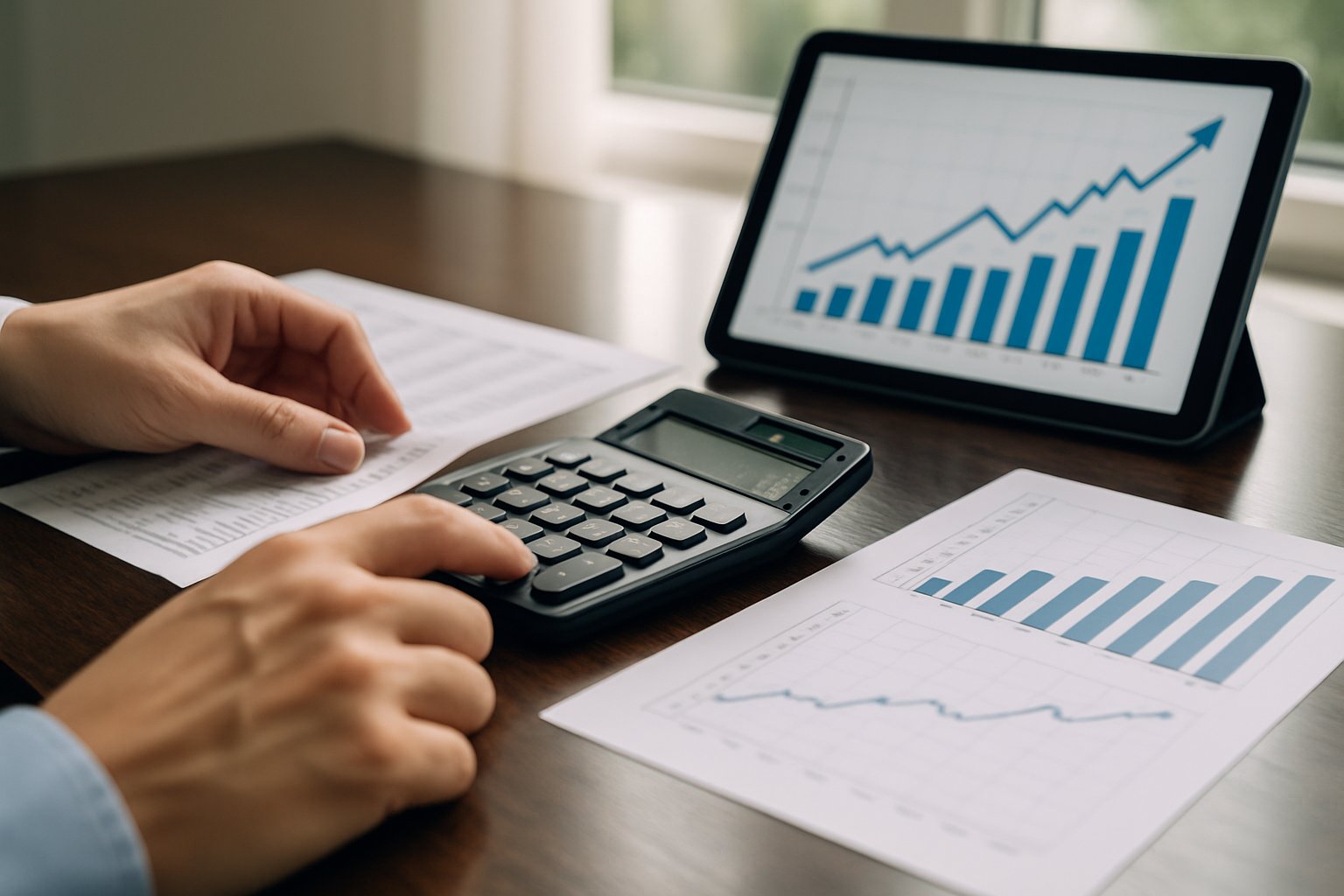 Hands using calculator to track Financial Success with Forum Engineering and KKR deal.