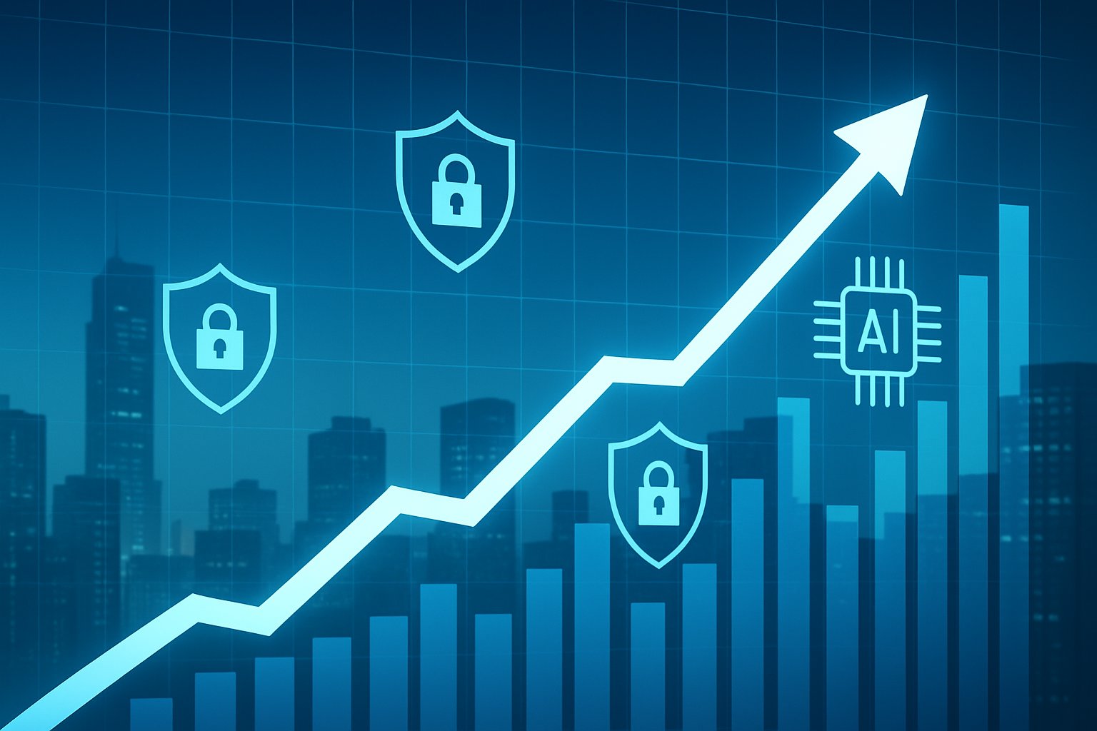 Cybersecurity Expansion financial surge depicted by graph and digital economy.