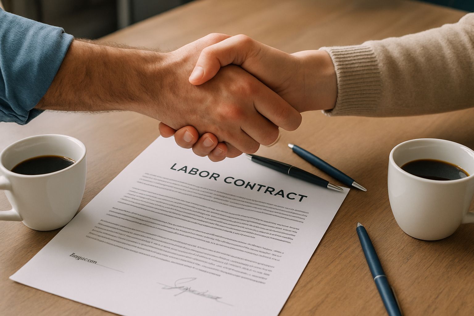 Handshake over signed Labor Contracts in office setting.