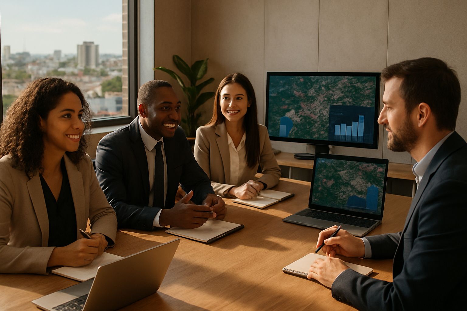 Bolivian team collaborates in office, fostering Tech Investment through satellite reforms.