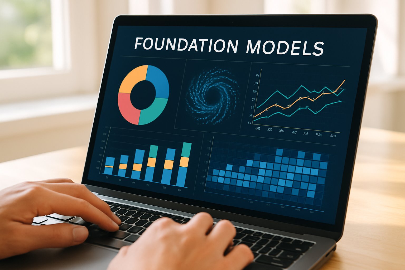 Detailed visualizations of Foundation Models on a computer screen with hands typing nearby.
