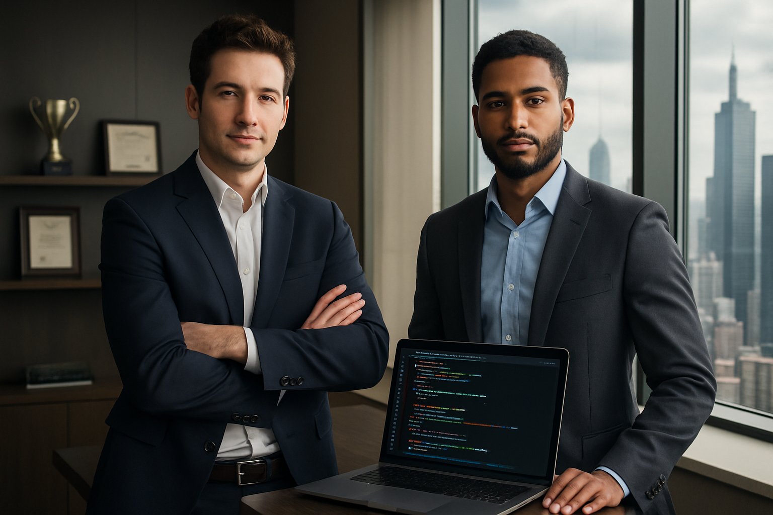 Billionaire founders of AI Coding Tool in high-tech office.