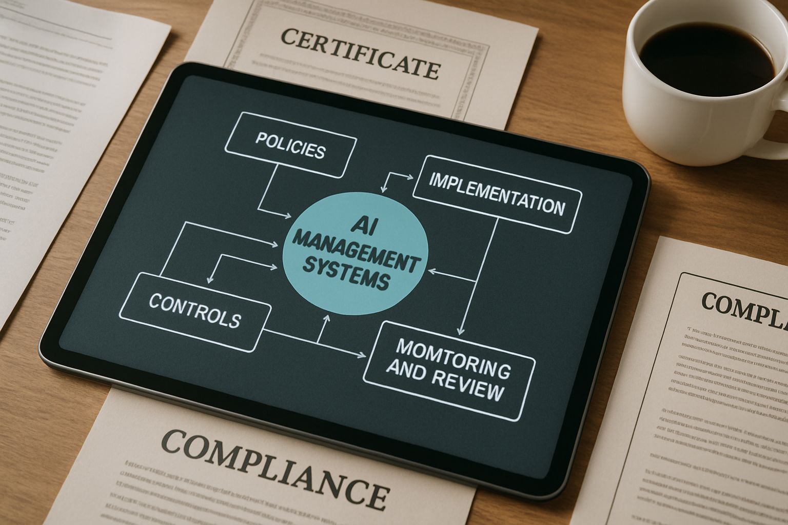 AI Management Systems framework diagram with compliance documents and certificates.