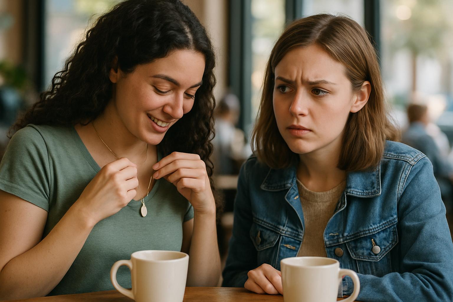 Friends discussing AI Wearable Privacy while examining a smart pendant together.