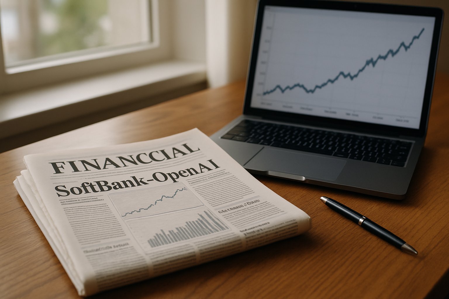 SoftBank OpenAI $22.5B funding headline on financial news desk.