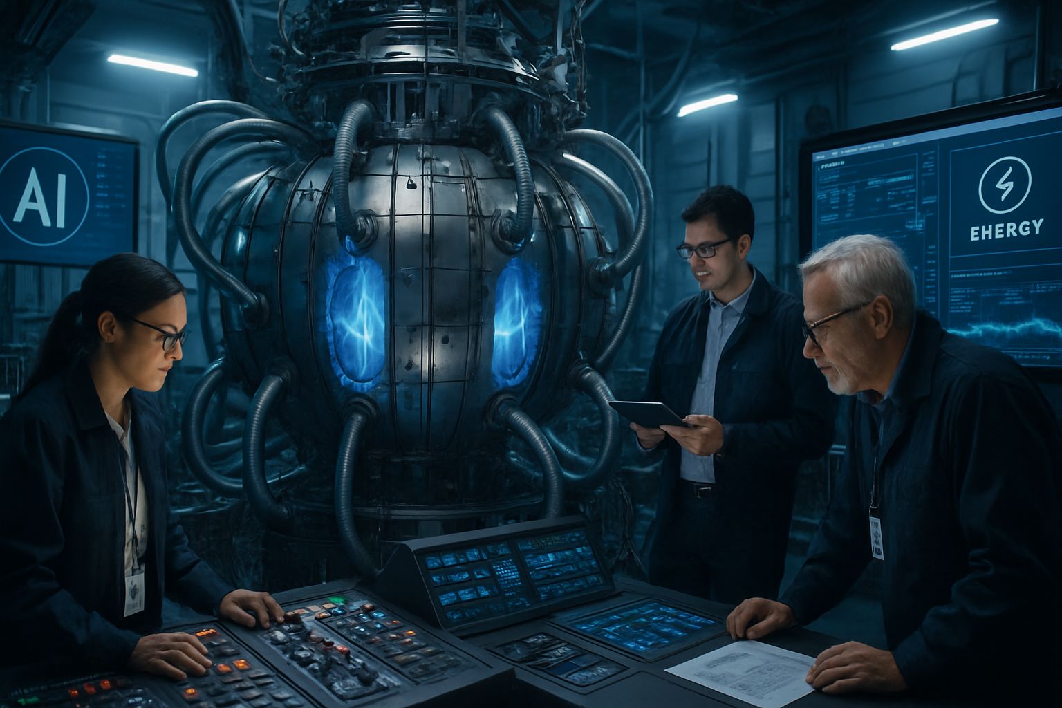 AI Energy Merger engineers working on fusion technology in laboratory