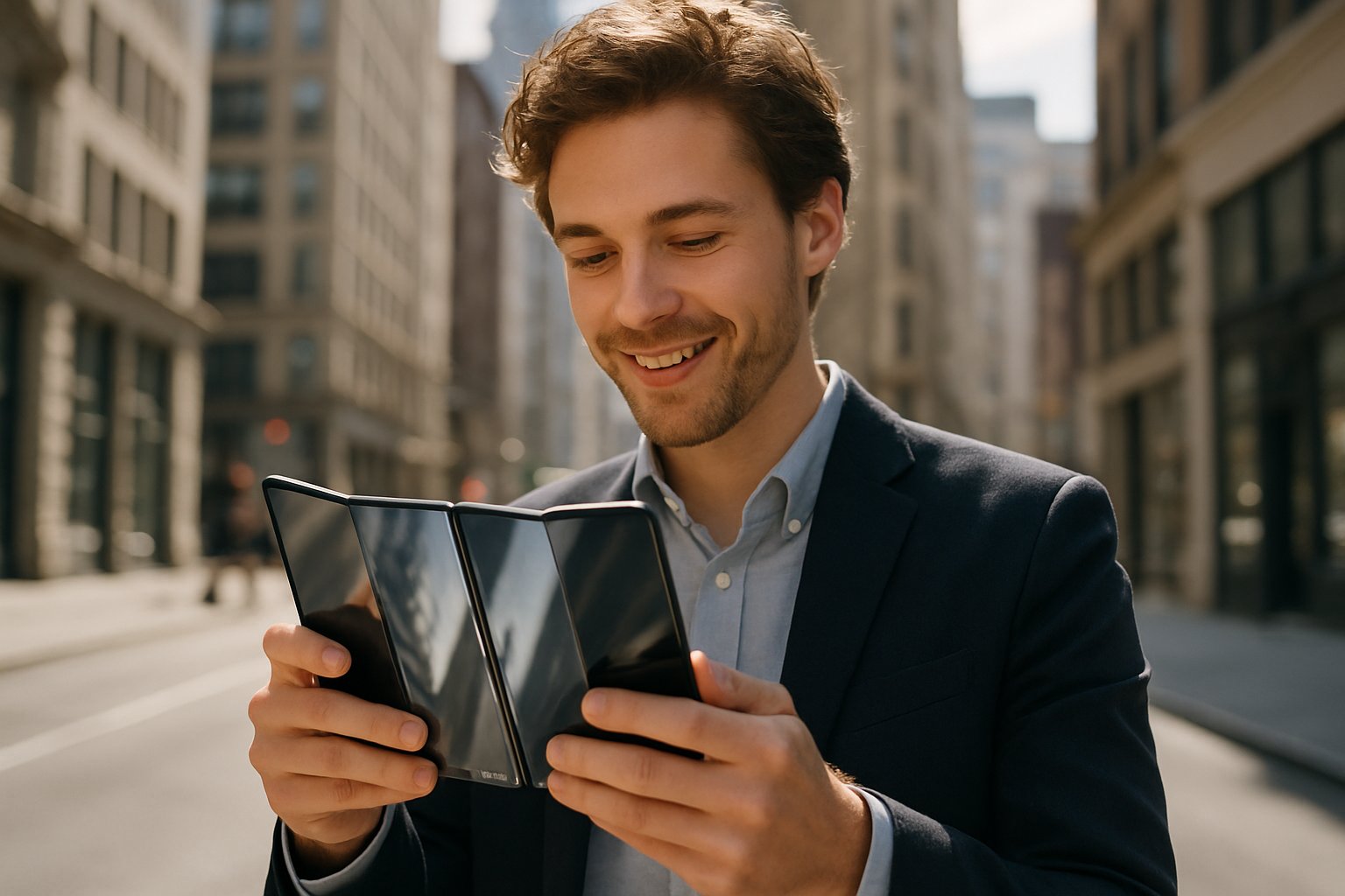 Business professional showcasing Samsung Foldable Galaxy Z Trifold outdoors