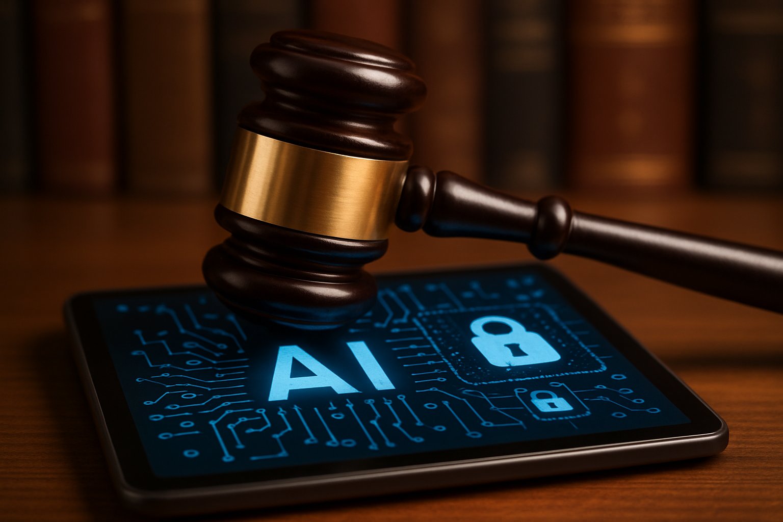Legal AI Ethics symbolized by gavel and digital security visuals