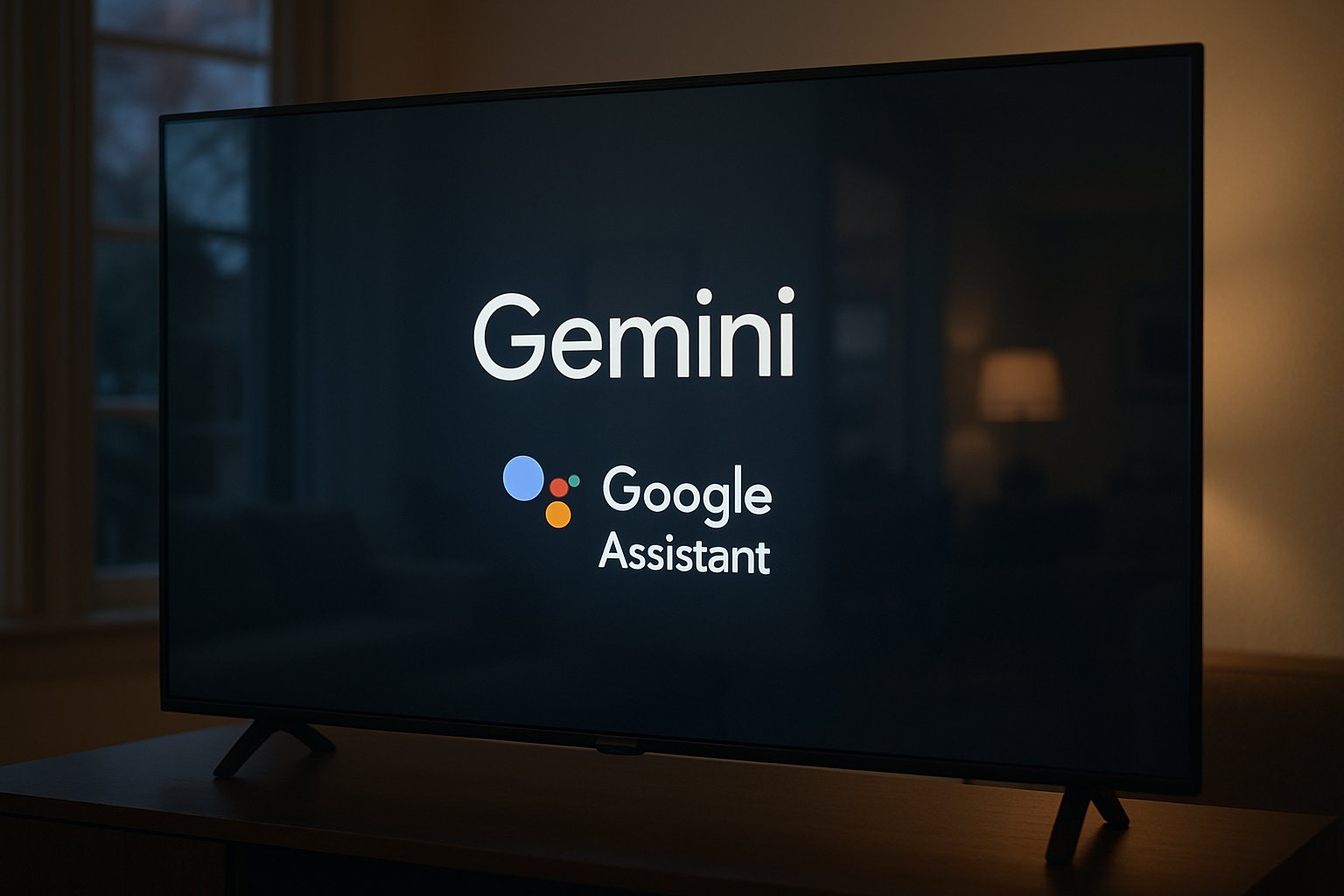 Smart TV screen with Google Assistant and Gemini interface in realistic home lighting.