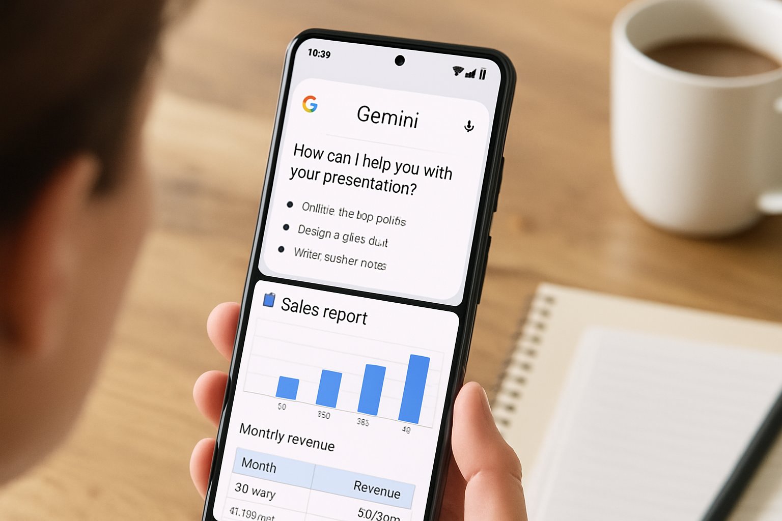 Android phone with Gemini multitasking update showing split-screen business apps.