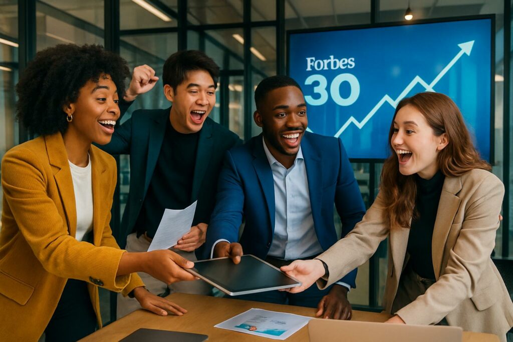 Current image: Entrepreneurial Gen Z leaders collaborating in a modern Forbes Under 30 office setting.