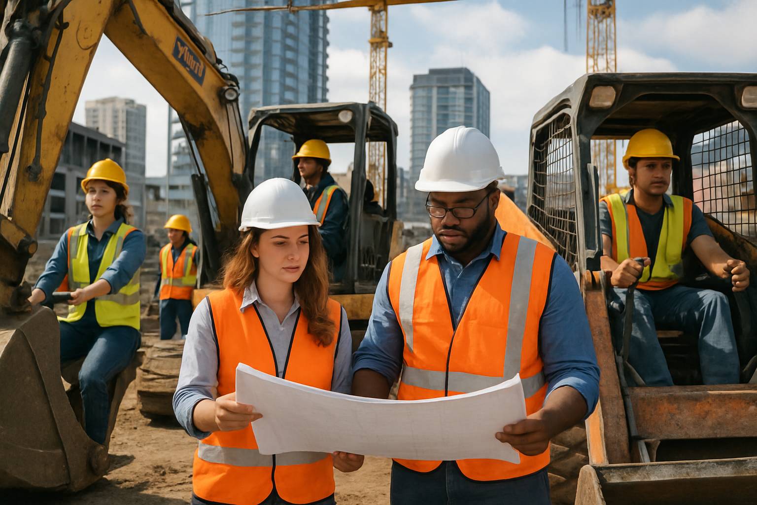 Diverse Gen Z workers embrace the Career Shift at a busy construction site.