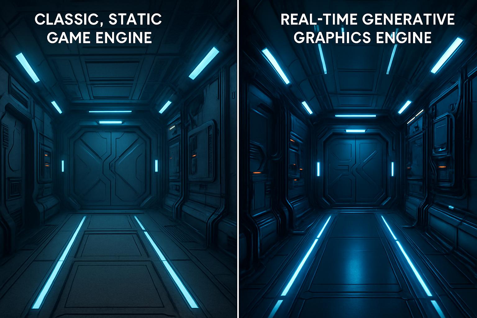 Real Time Generative engine side-by-side with classic static rendering in a gaming scene.