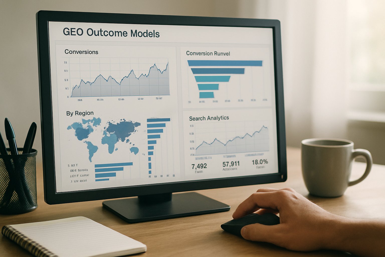 Detailed dashboard visualizes GEO outcome models analytics for AI search teams