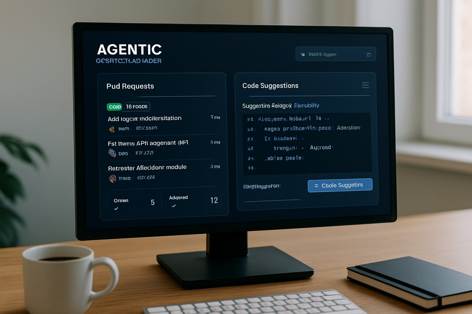 Monitor showing Agentic Coding Software with GitHub workflow in a realistic office setting.