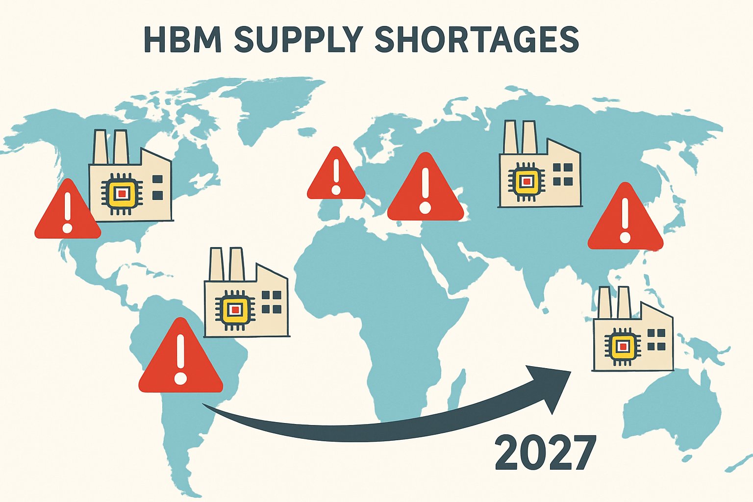 Infographic map visualizing global HBM Supply shortages and manufacturing bottlenecks.