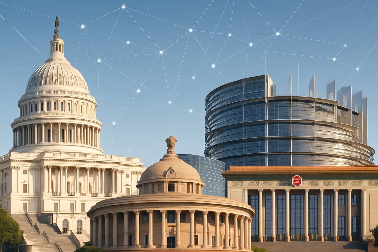 Landmarks symbolize countries creating AI Governance frameworks