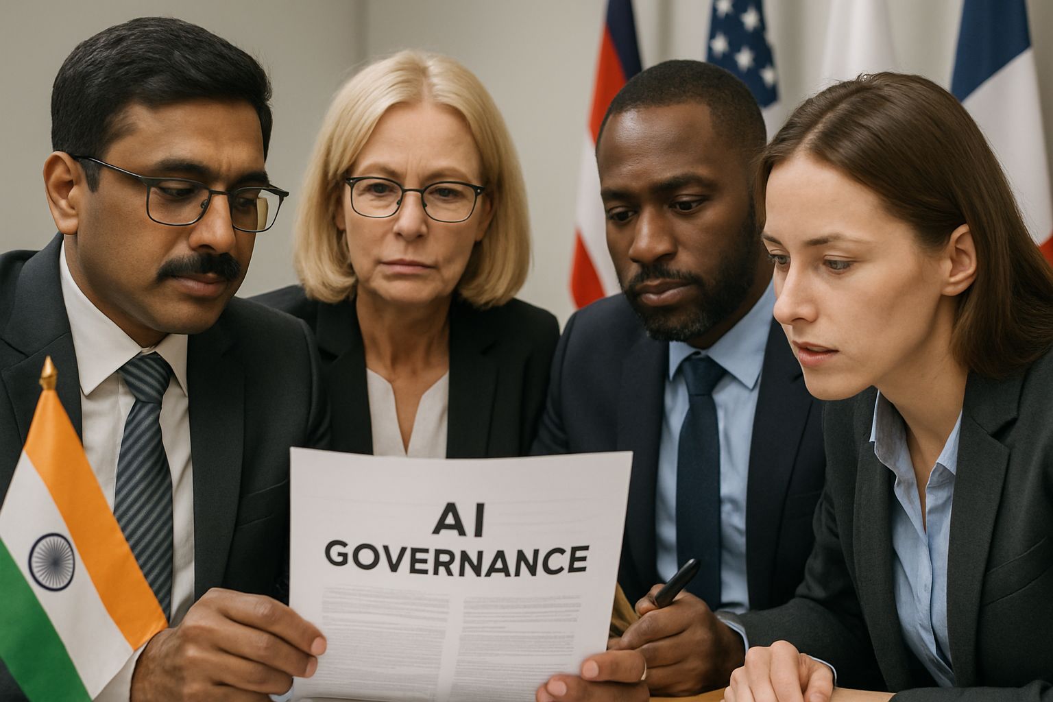 International experts discuss Global Policy on AI governance with Indian and world flags.