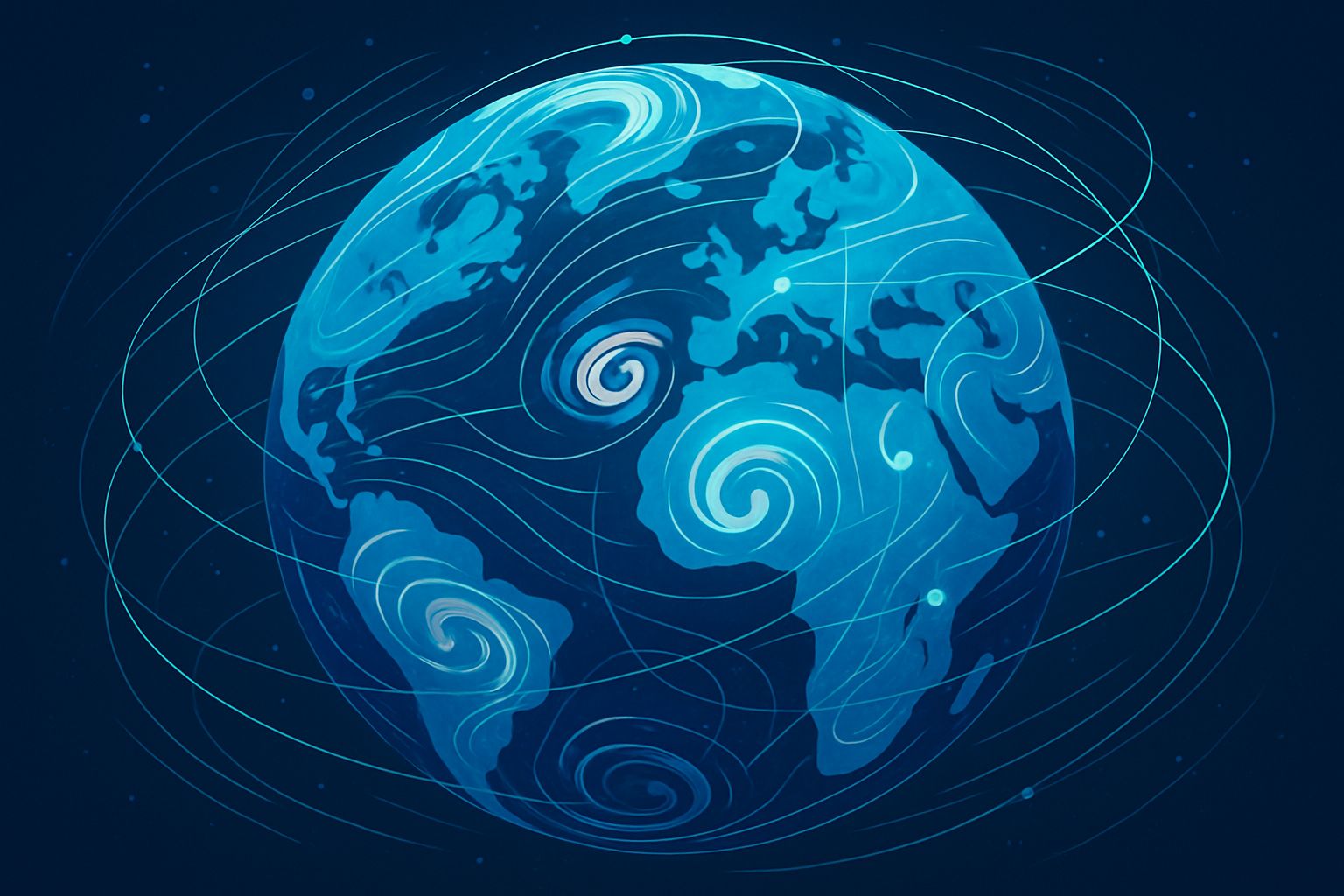 Global AI weather prediction visualization with real-time forecast nodes and data lines