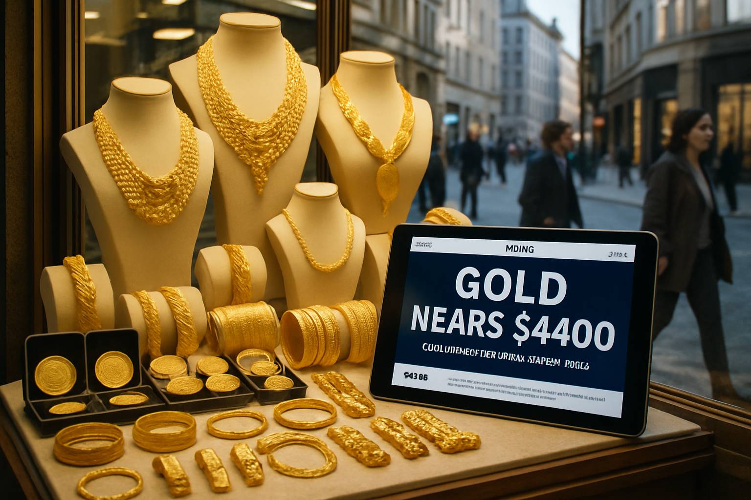 City jewelry shop window referencing Gold Record and rising gold prices.