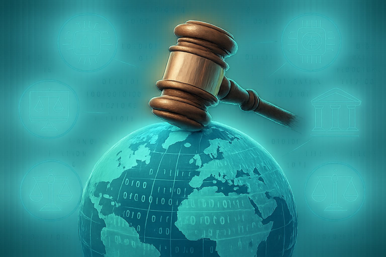 Gavel and AI icons on globe representing Global AI Governance and regulations.
