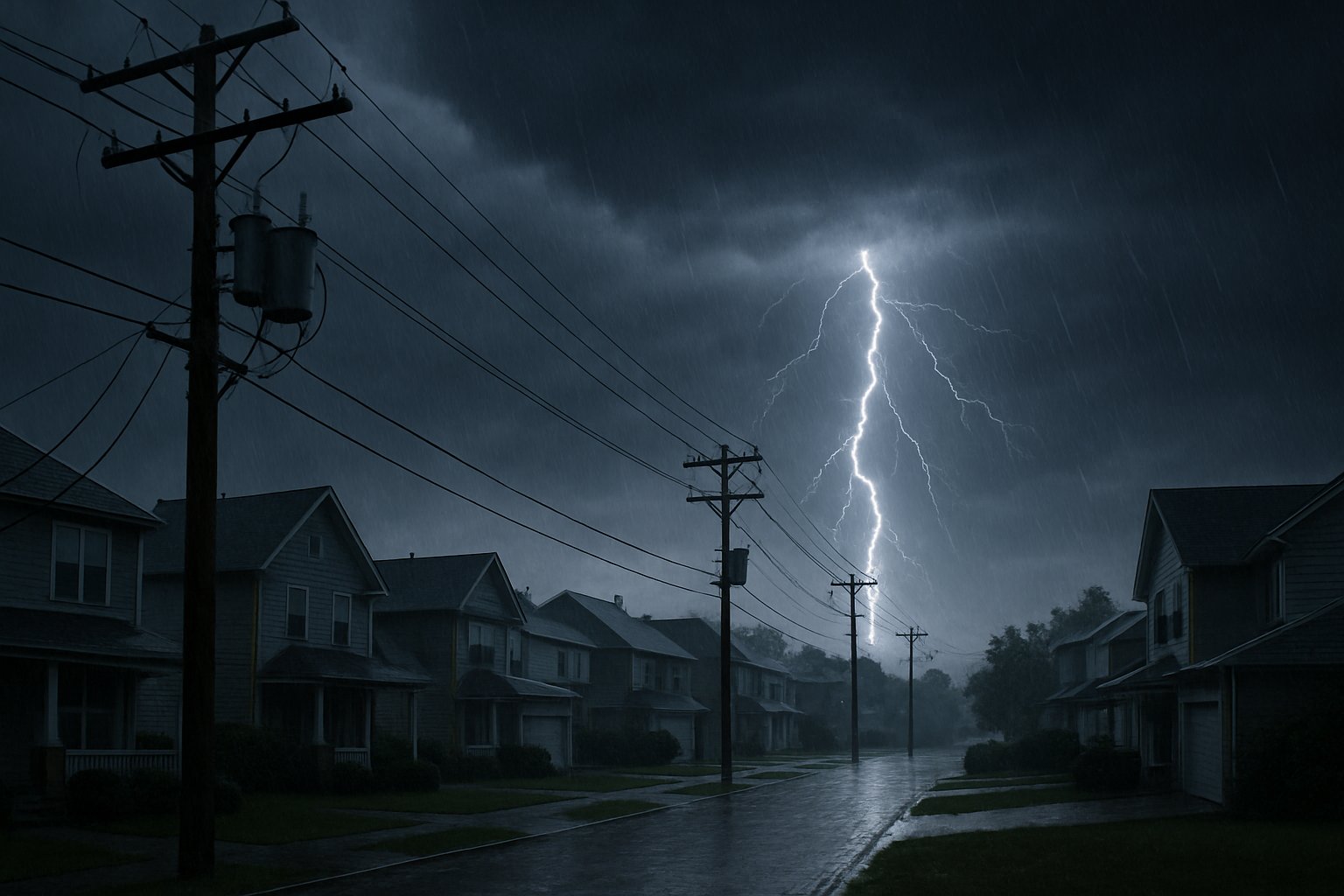 Electric Grid infrastructure withstands severe thunderstorm in residential area.